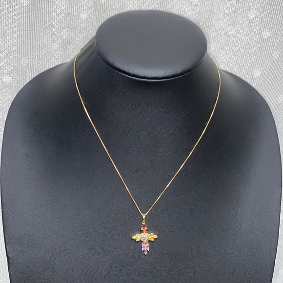 🆕 18K Gold Over S/S Multi Gem Cross Necklace - Picture 6 of 10